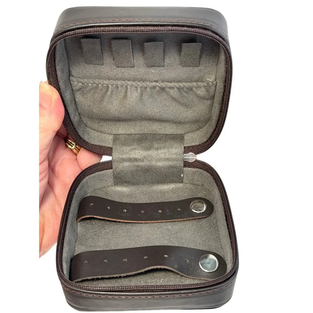 Mini travel jewelry box hand cut tooled leather Buffalo nickel brown blue
